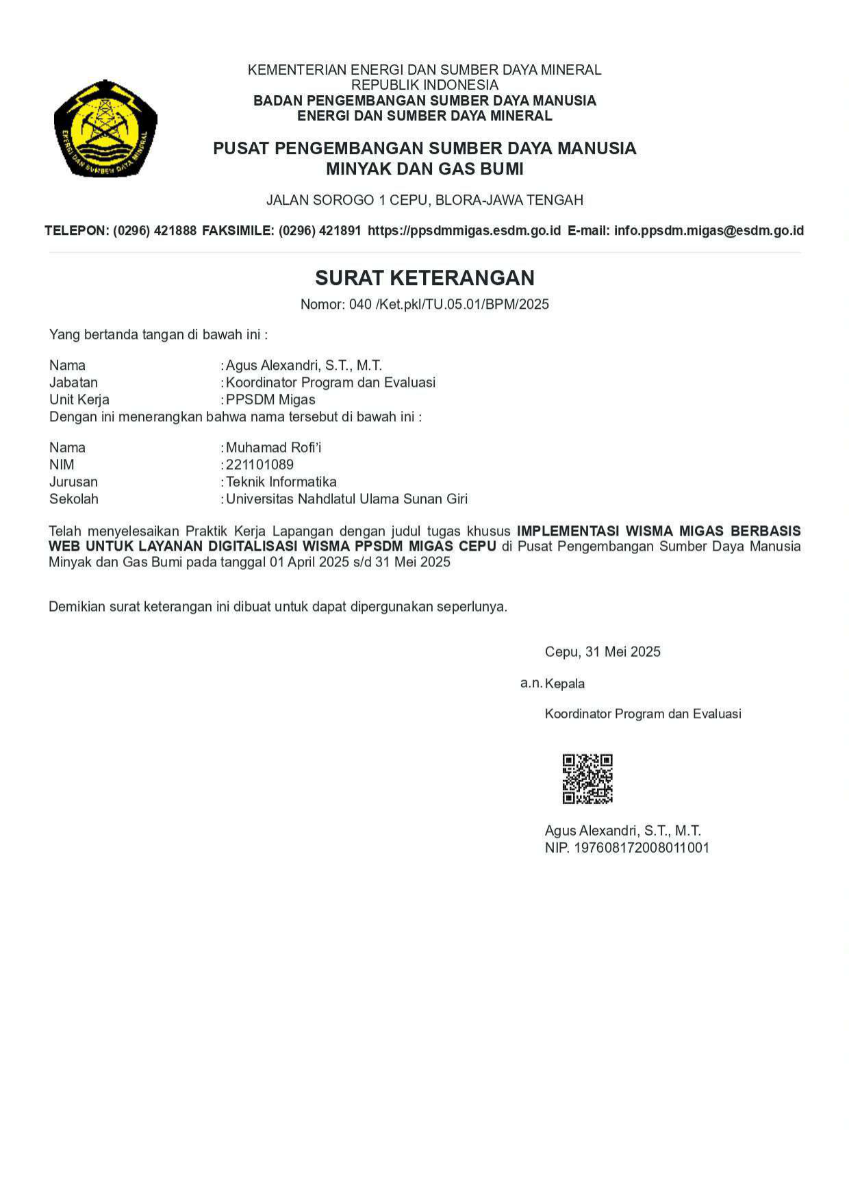 Surat Keterangan Praktik Kerja Lapangan (Digitalisasi Wisma Migas) Certificate