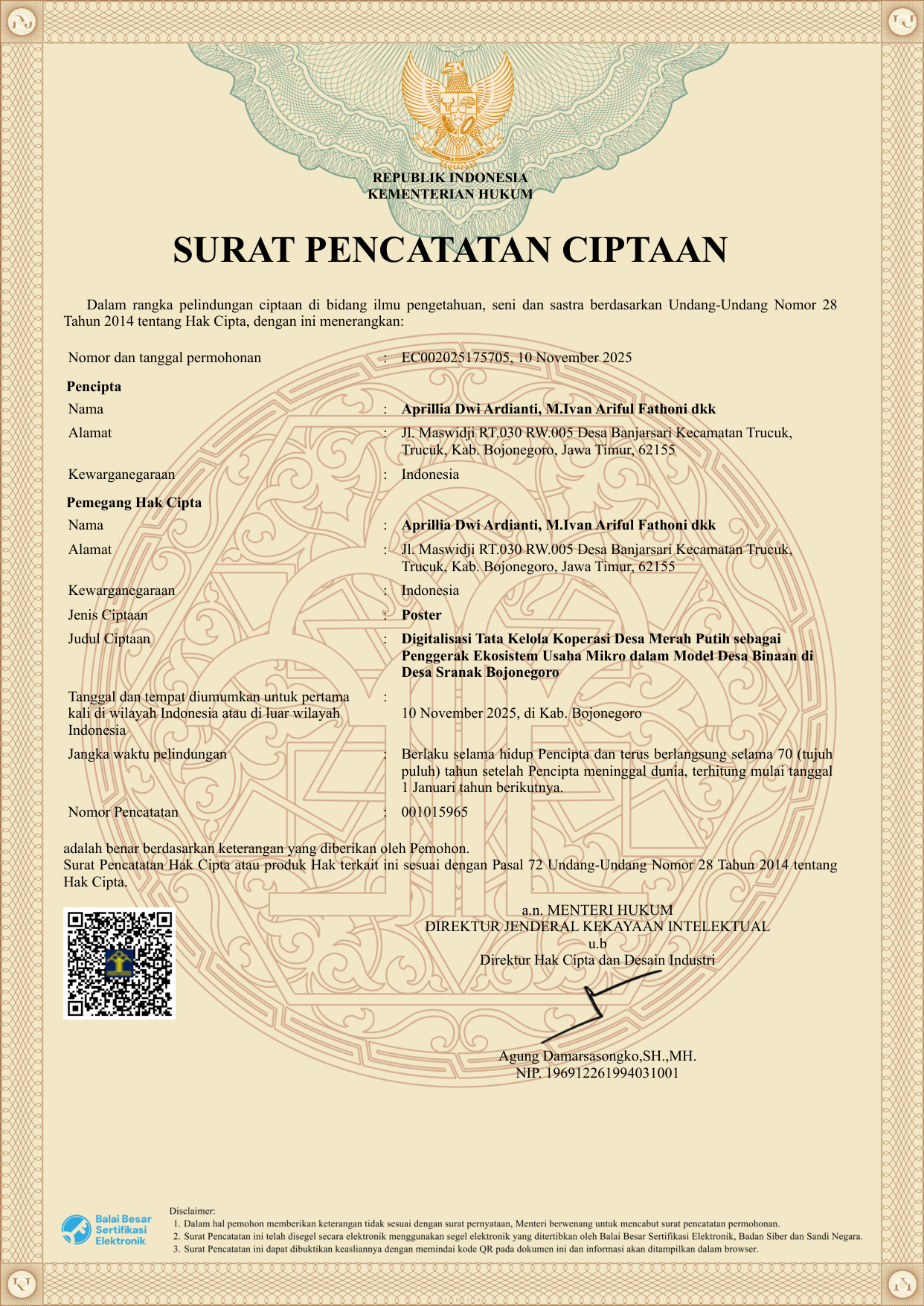Surat Pencatatan Ciptaan (HKI Hak Cipta) - Digitalisasi Tata Kelola Koperasi Desa Merah Putih Certificate